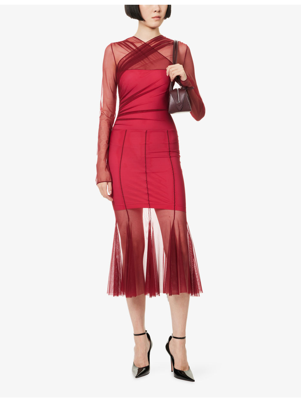 Long-Sleeve Gathered Mesh Woven Midi Dress - 2