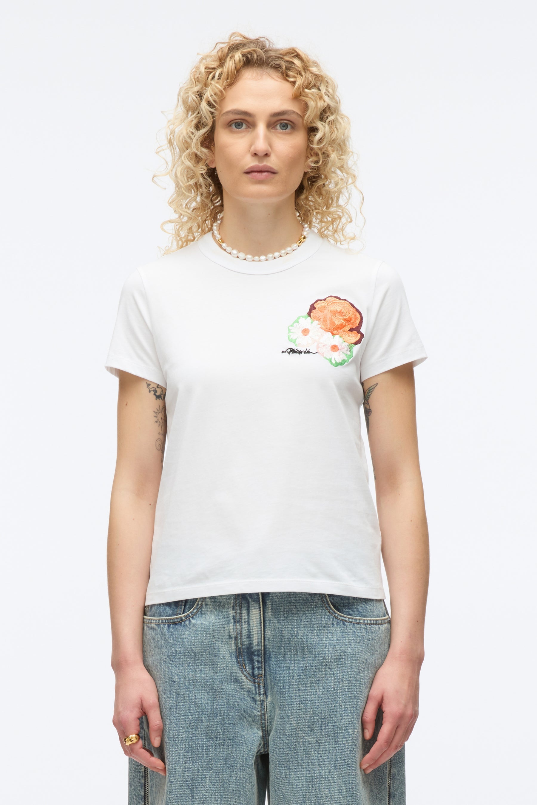 Cropped Tee with Bouquet Embroidery - 3