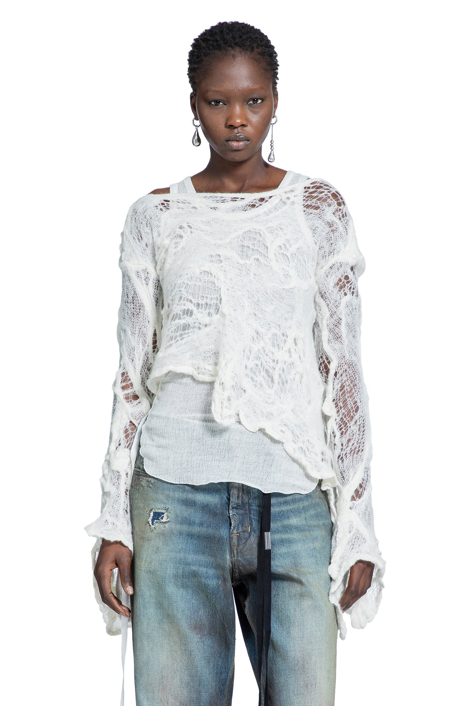 Cilia Off-shoulder Sweater In Ripped Sheer Knit - 1