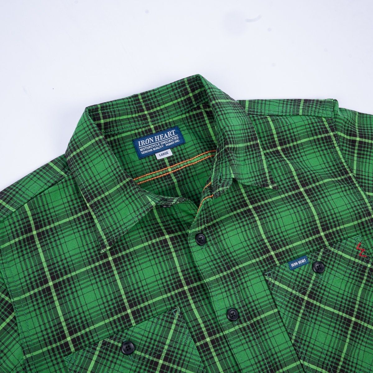 IHSH-392-GRN 5oz Selvedge Short Sleeved Work Shirt - Green Vintage Check - 7
