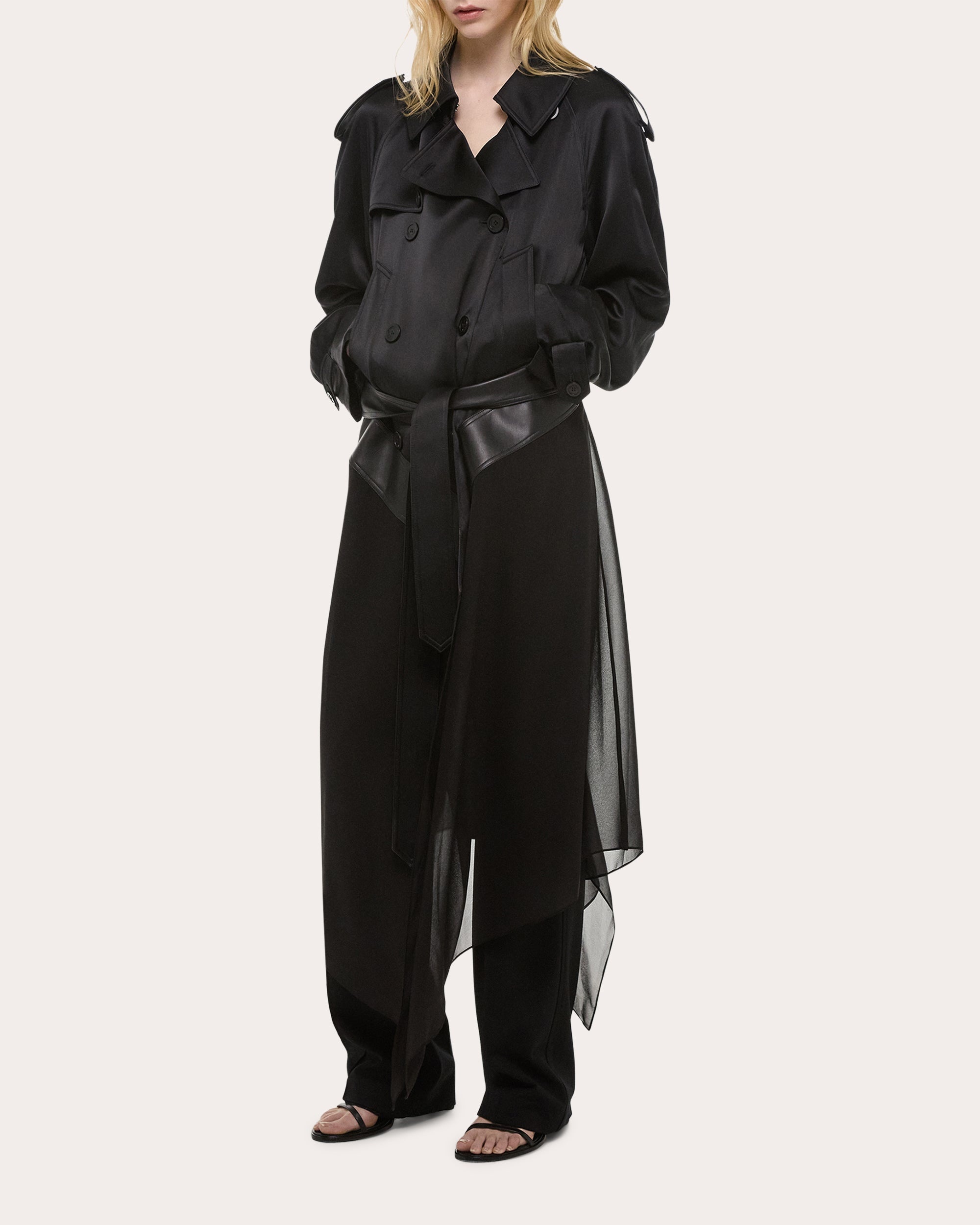 Leather Trimmed Silk Chiffon Trench Coat - 5