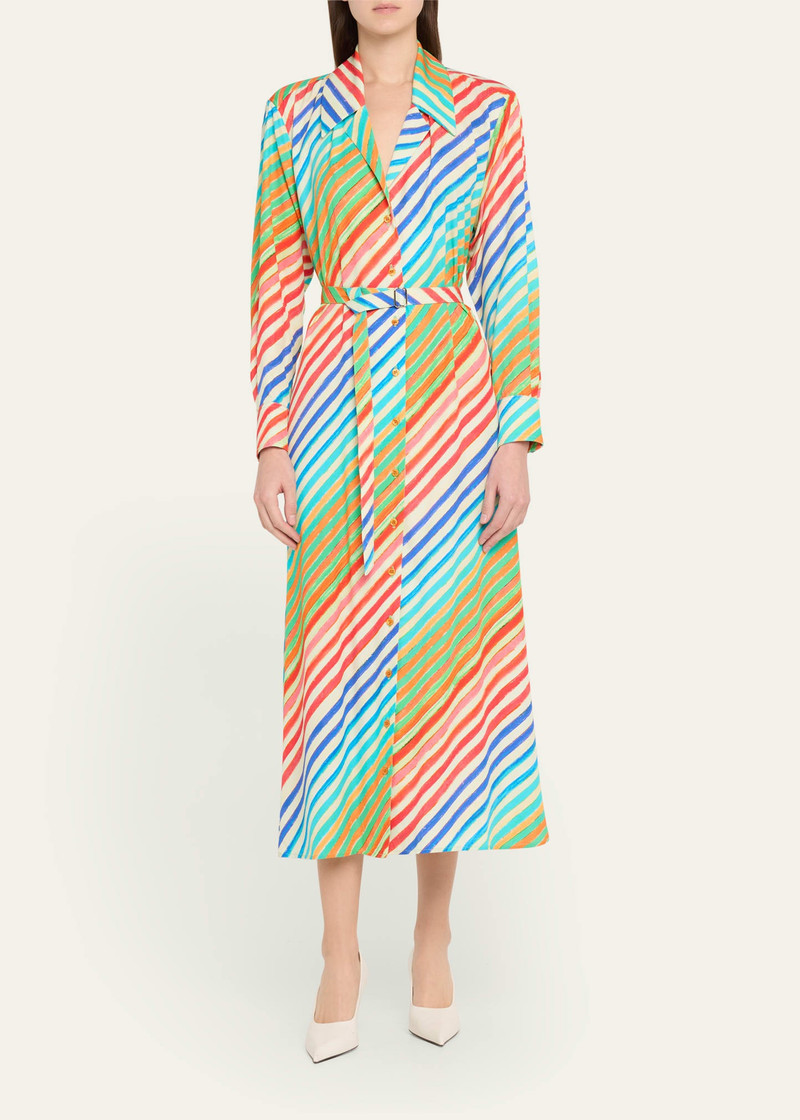 CHRISTOPHER JOHN ROGERS Rainbow Striped Waist-Tie Bias Midi Shirtdress outlook
