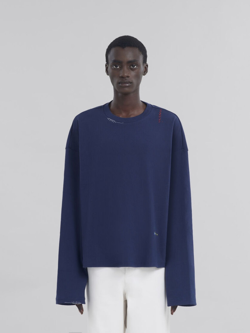 Marni DARK BLUE RIBBED COTTON T-SHIRT WITH MARNI SYMBOL outlook
