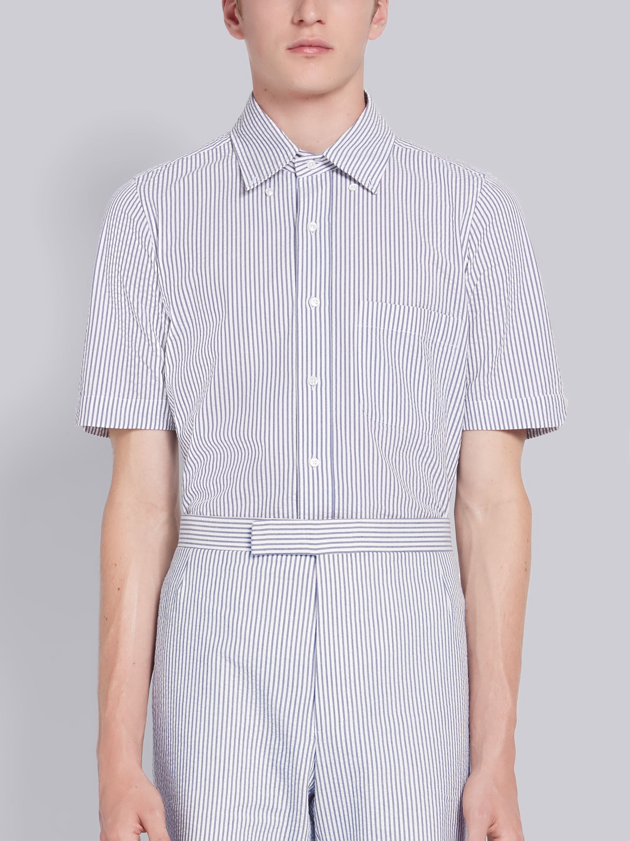 Navy Seersucker Stripe Short Sleeve Shirt - 1