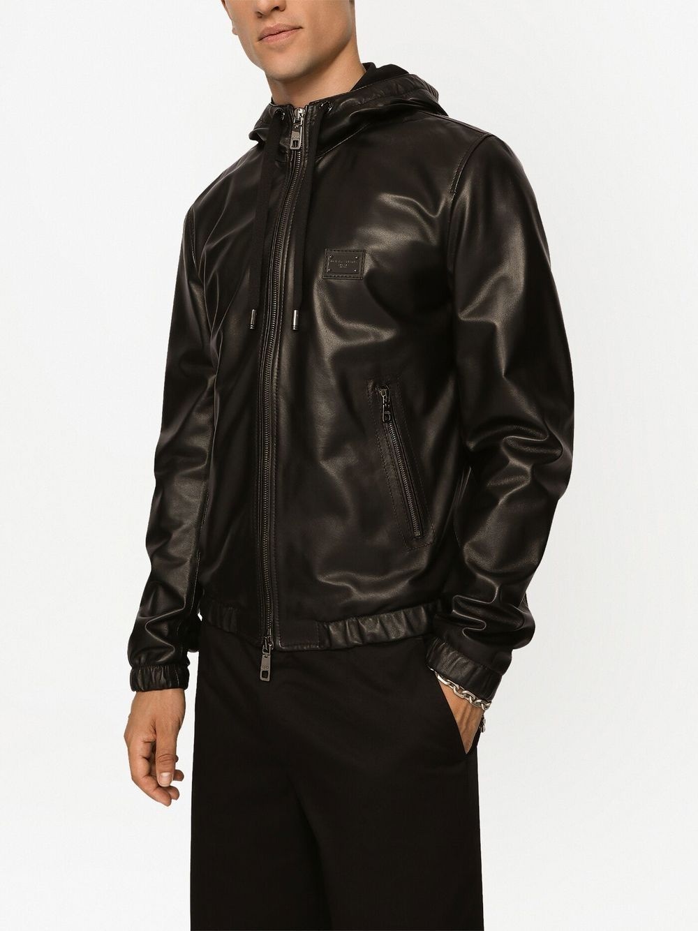 logo-tag hooded leather jacket - 5