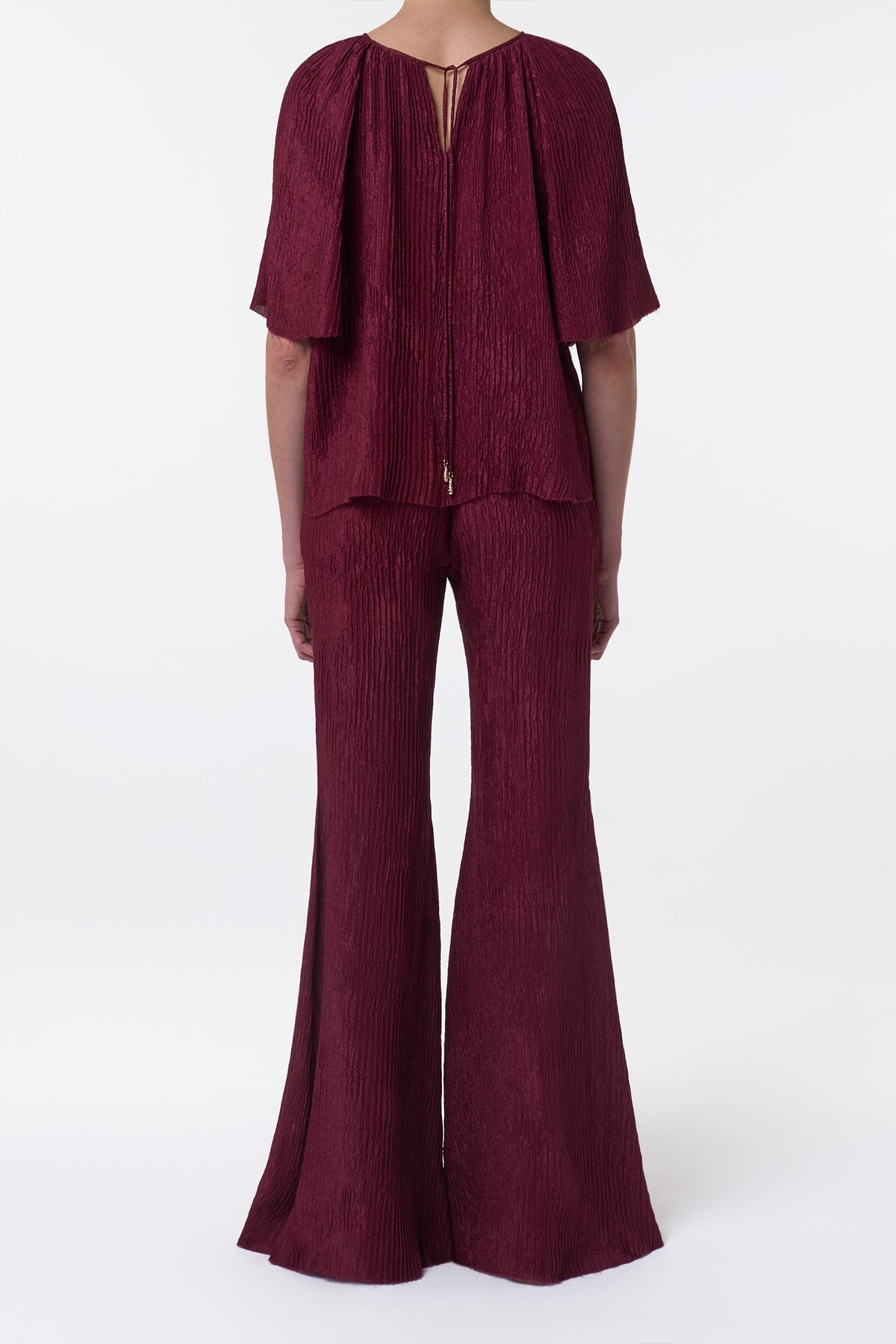 Claude Flare Pant in Bordeaux Plisse Silk - 3