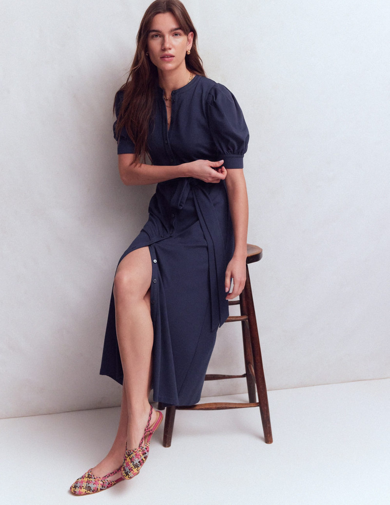 Puff Sleeve Ponte Shirt Dress-Navy 5
