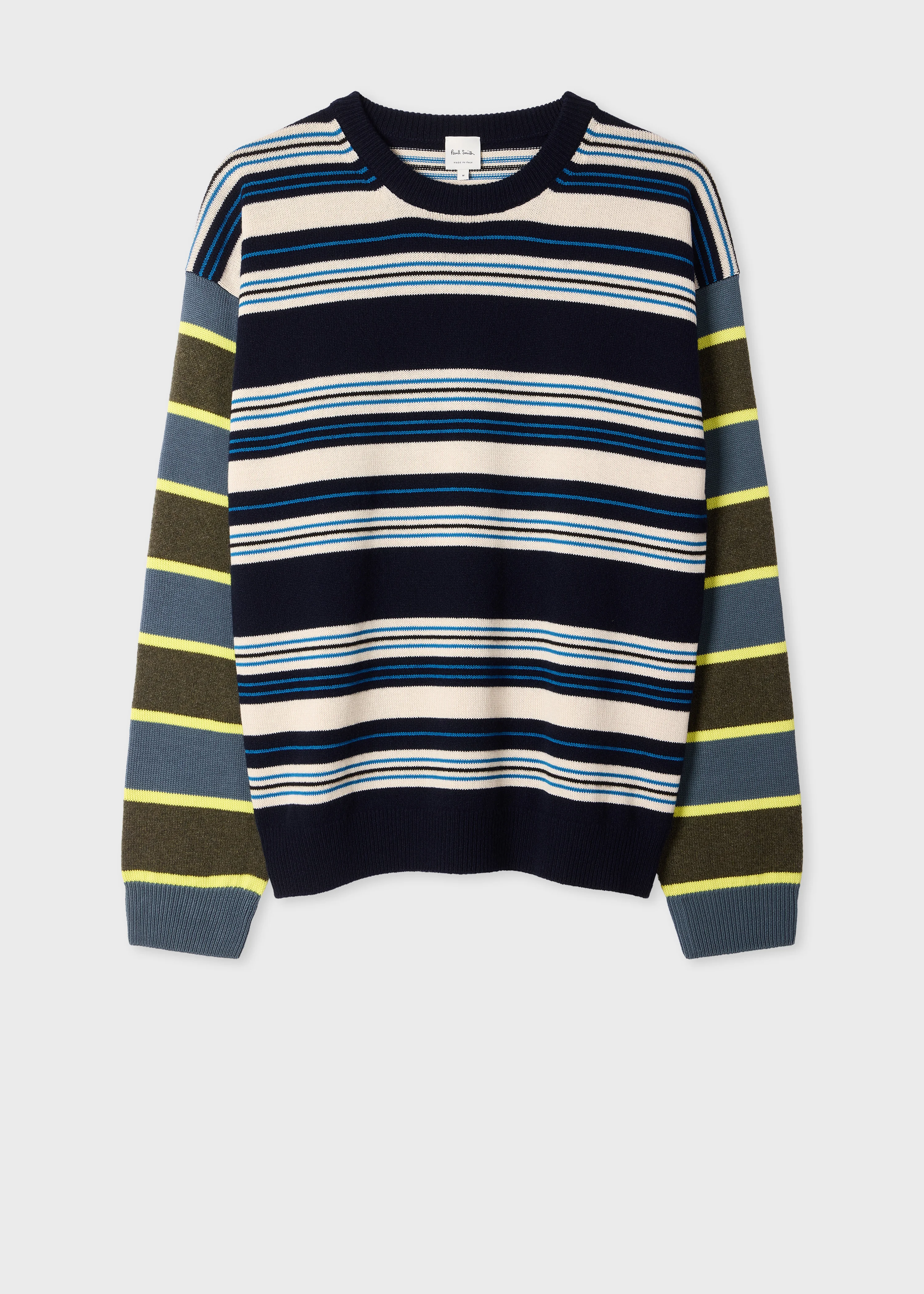 Navy Contrast-Sleeve Lambswool-Cotton Stripe Sweater - 1