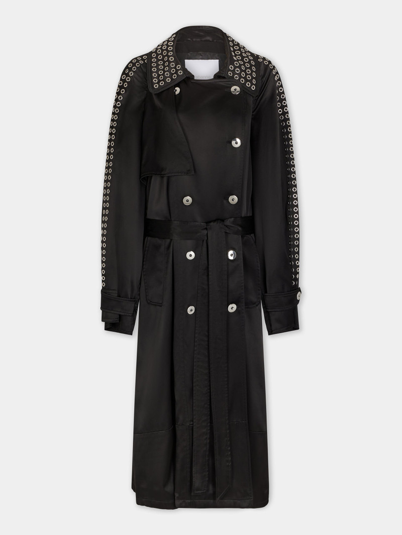 BLACK LONG TRENCH COAT IN SATIN 1