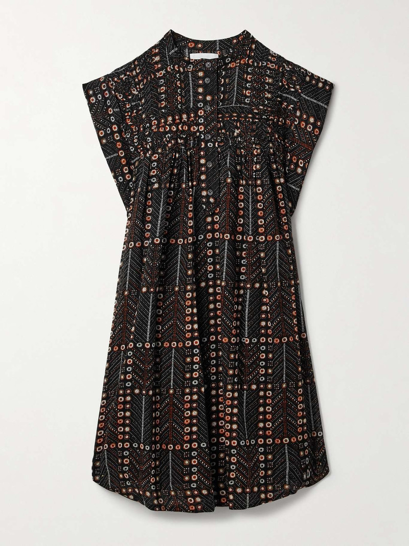 Leazali pintucked printed cotton-voile mini dress Black 1