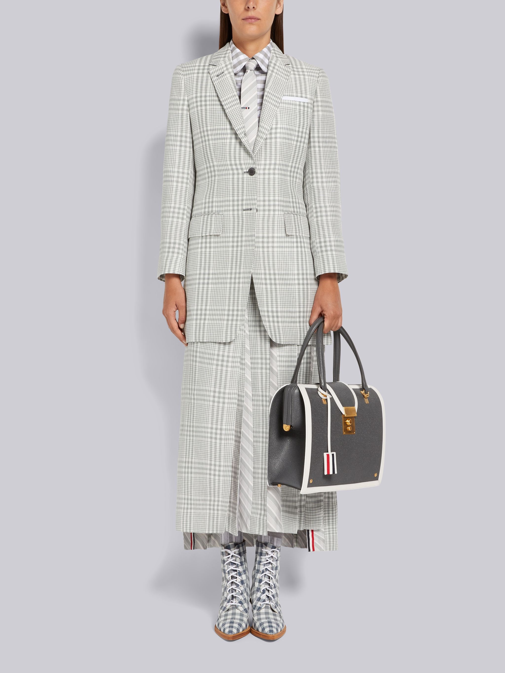 Medium Grey Gingham Crispy Linen Silk Jacquard Pleat Half Pleated Dropped Back Below the Knee Skirt - 4