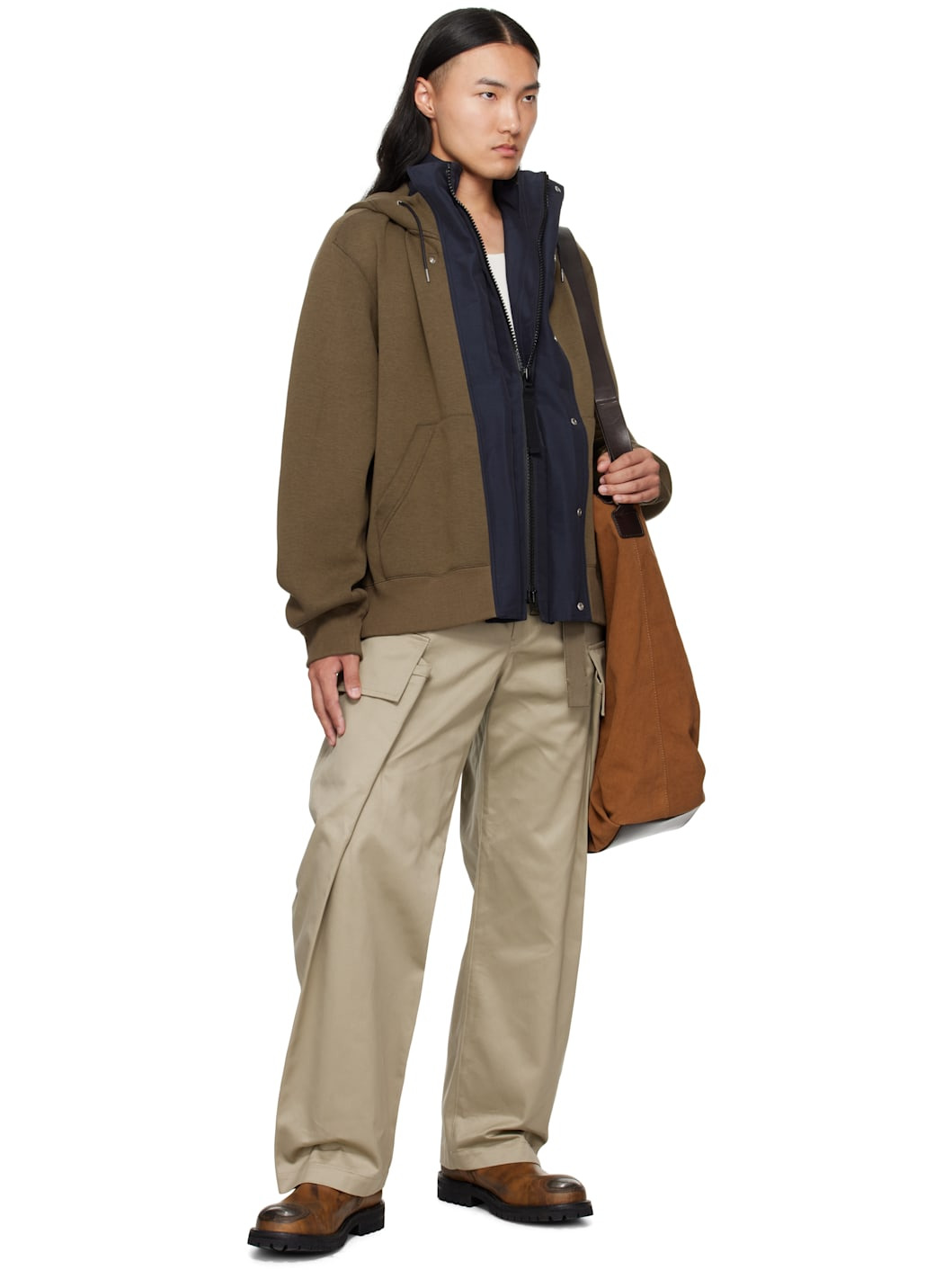 Khaki & Navy Sponge Sweat & Grosgrain Hoodie - 4