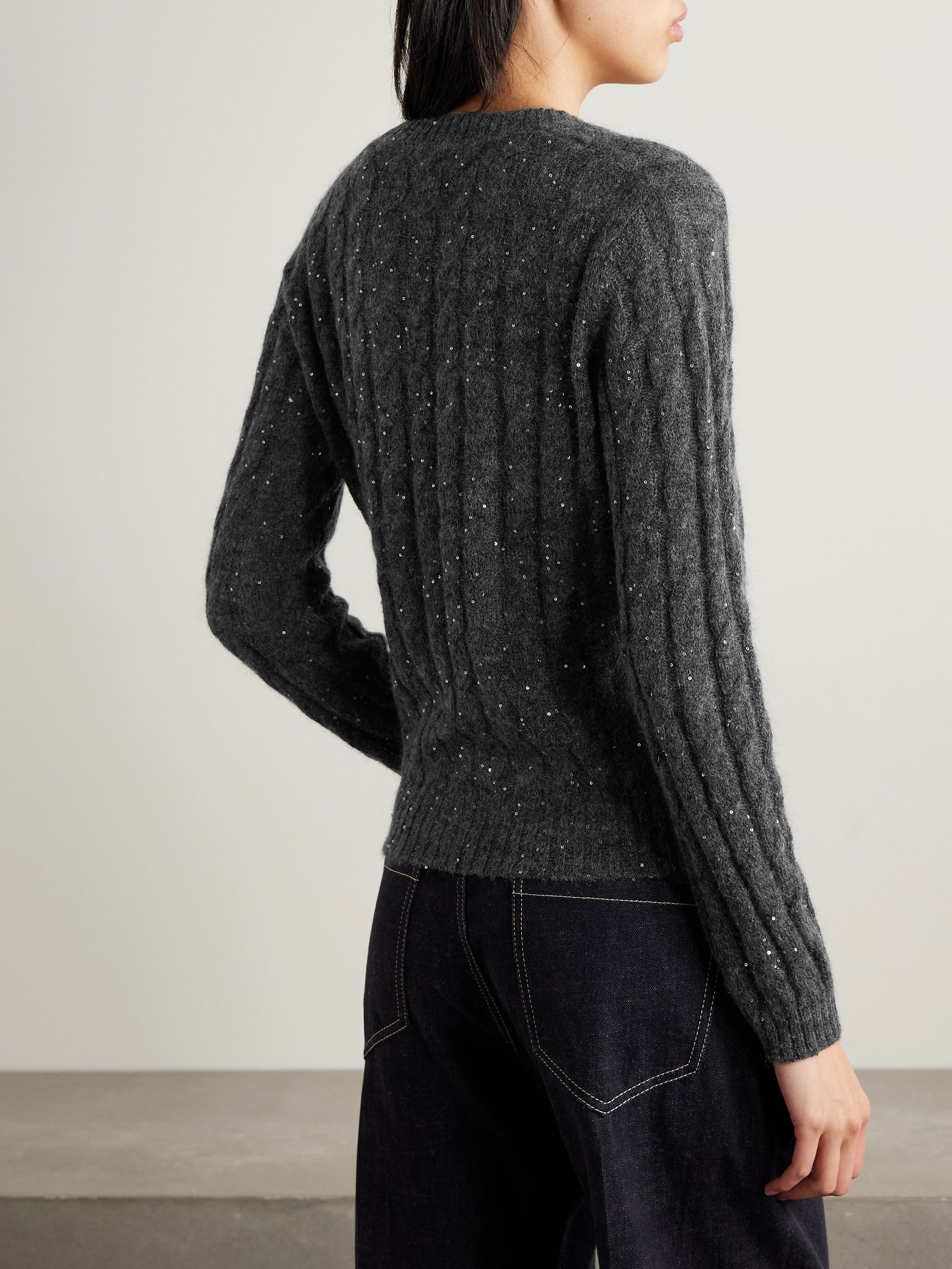 Sequin-embellished cable-knit sweater Gray - 3