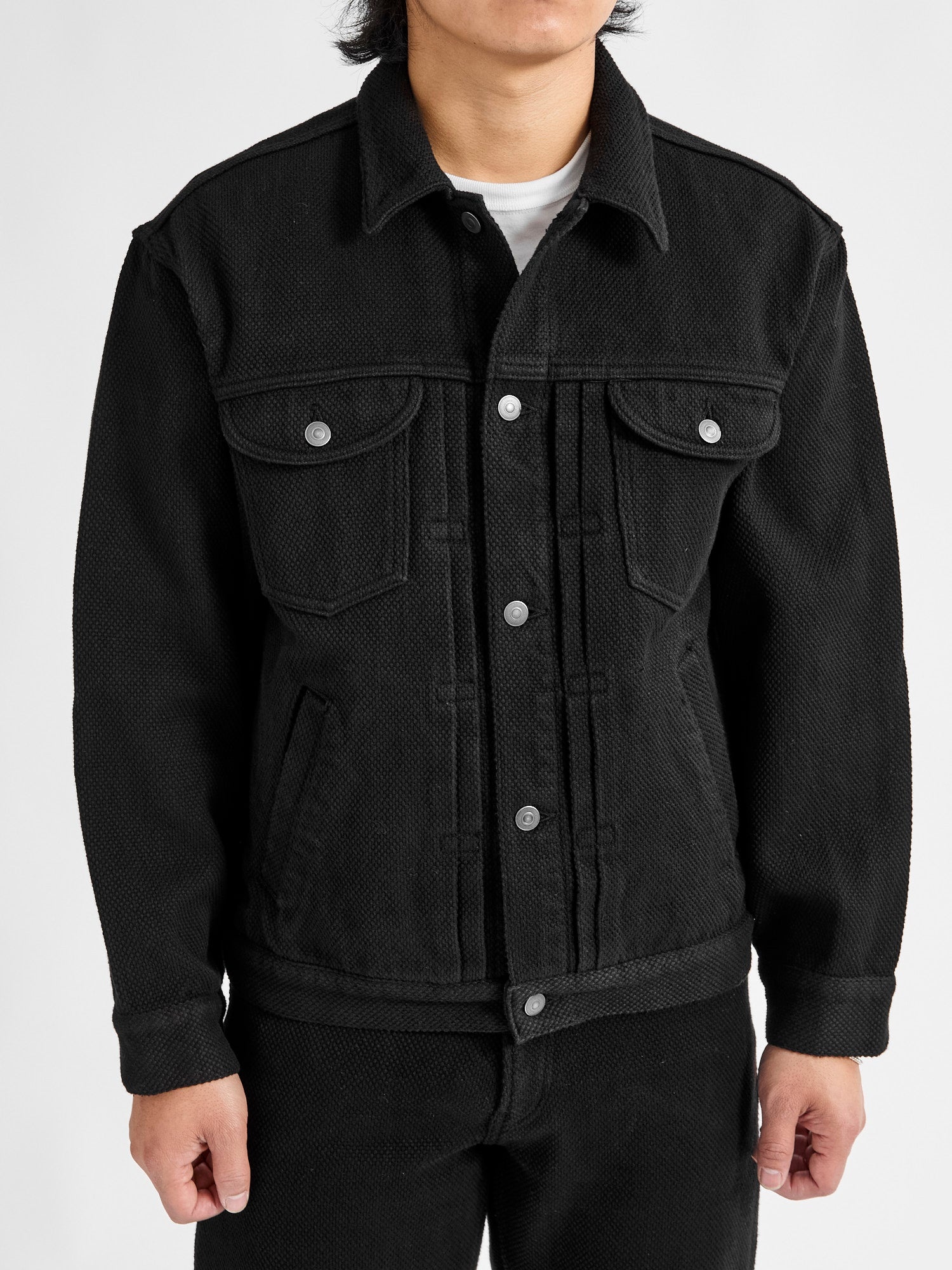 Double Cloth Sashiko Trucker Jacket in Black - 2