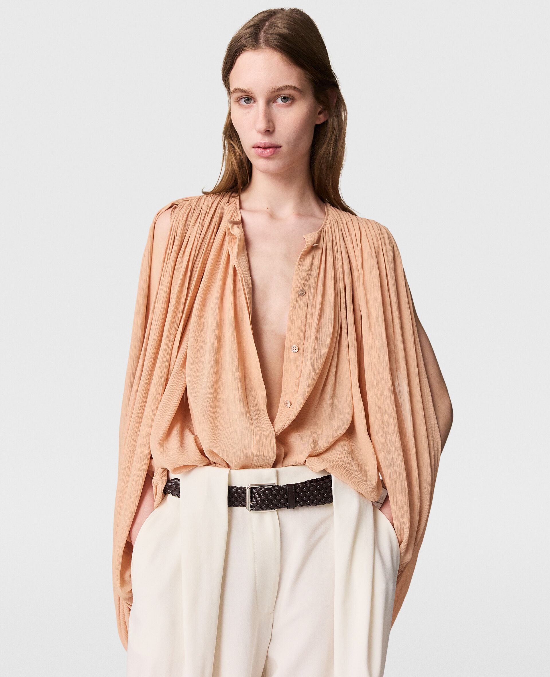 Pleated Cape-Sleeve Top - 2