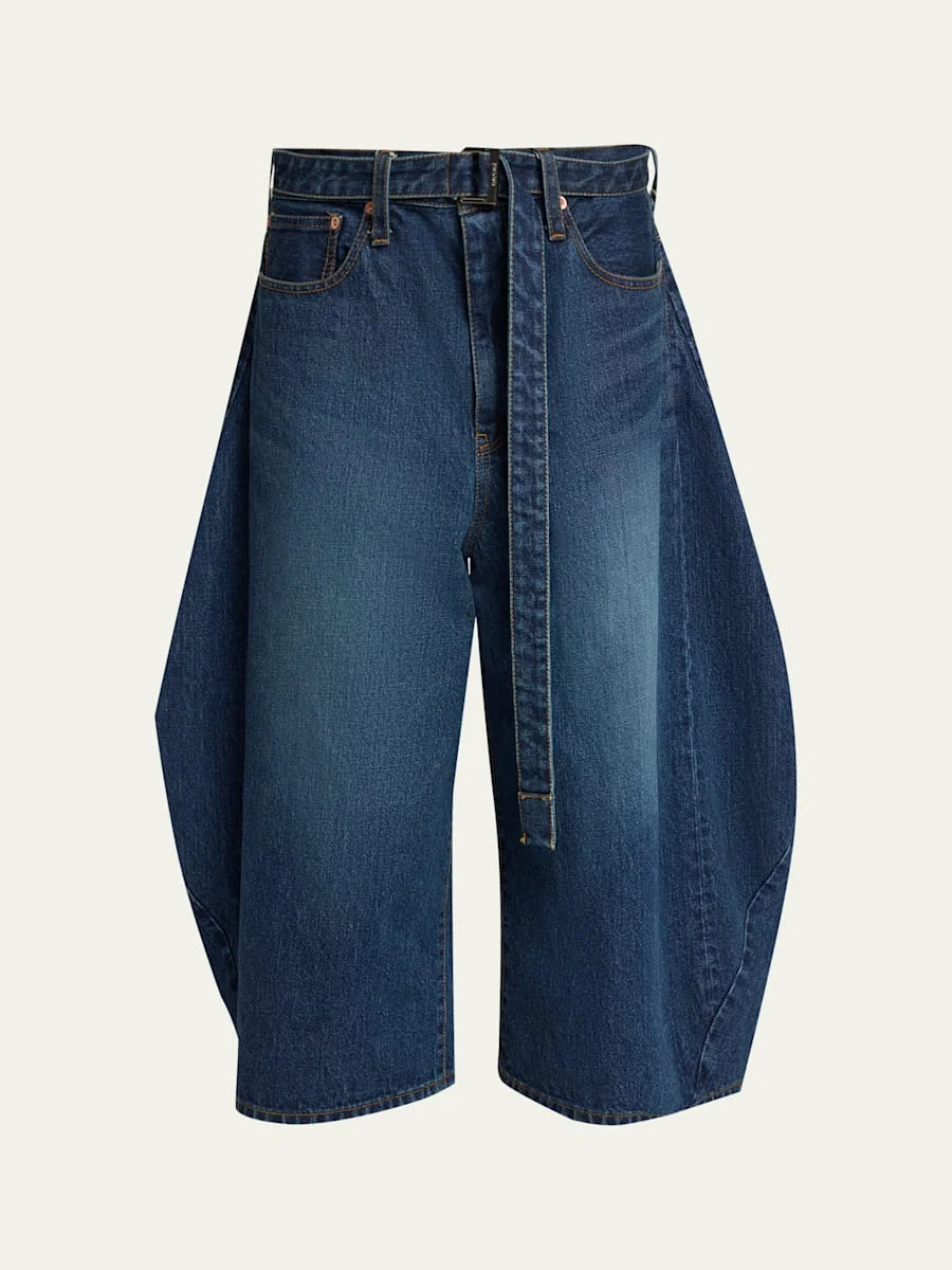 Belted Denim Barrel-Leg Crop Carpenter Pants - 1