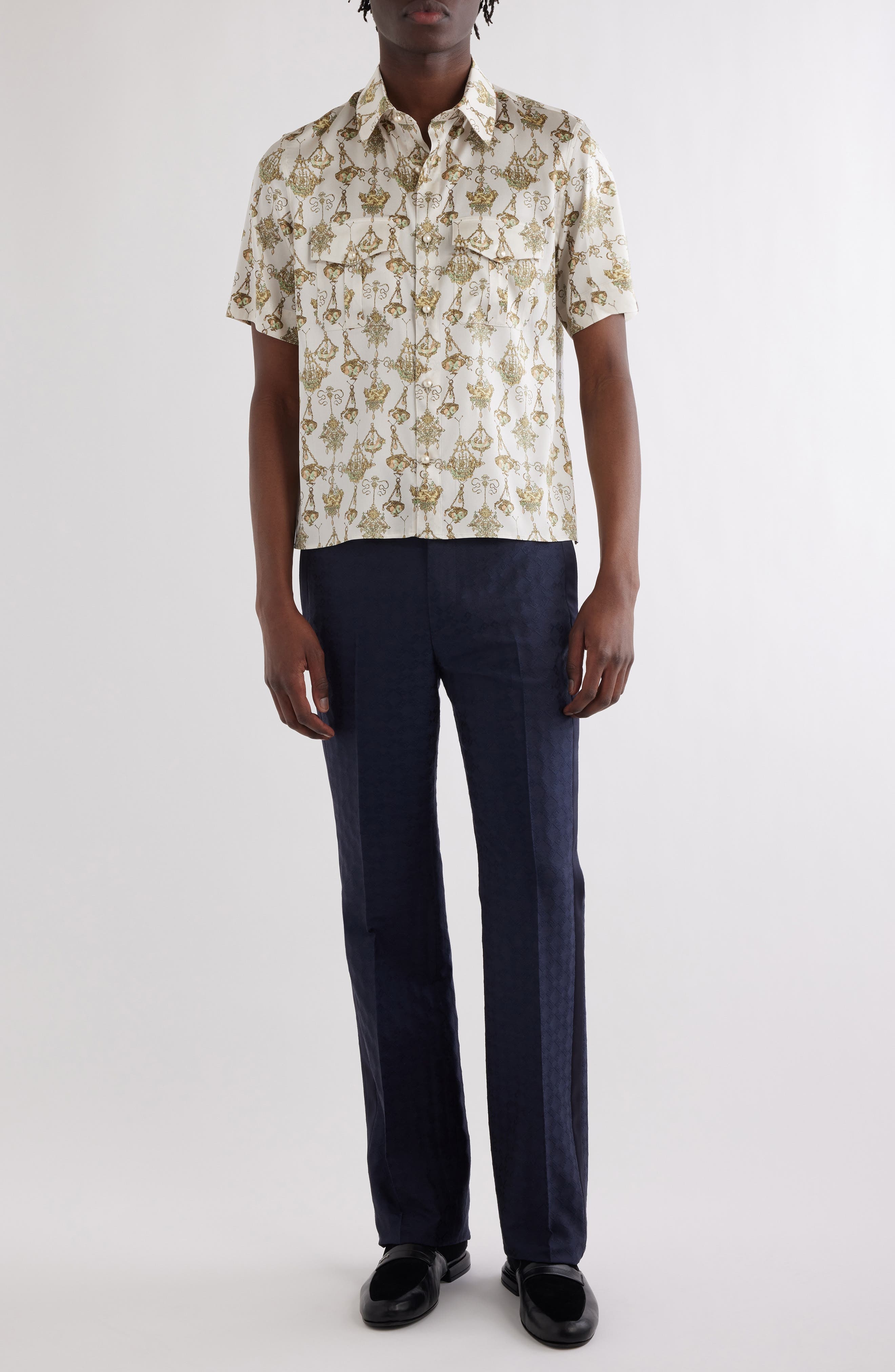 Givenchy Military Slim Fit Short Sleeve Stretch Silk Button-Up Shirt in Cream/Ochre at Nordstrom - 2