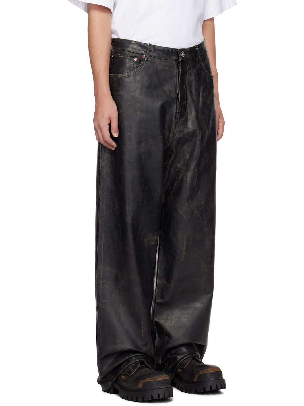 Black Distressed Leather Pants - 2