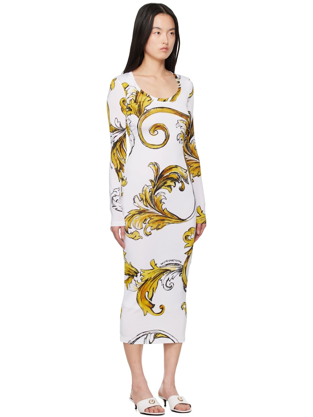 White & Yellow Outline Barocco Midi Dress - 2