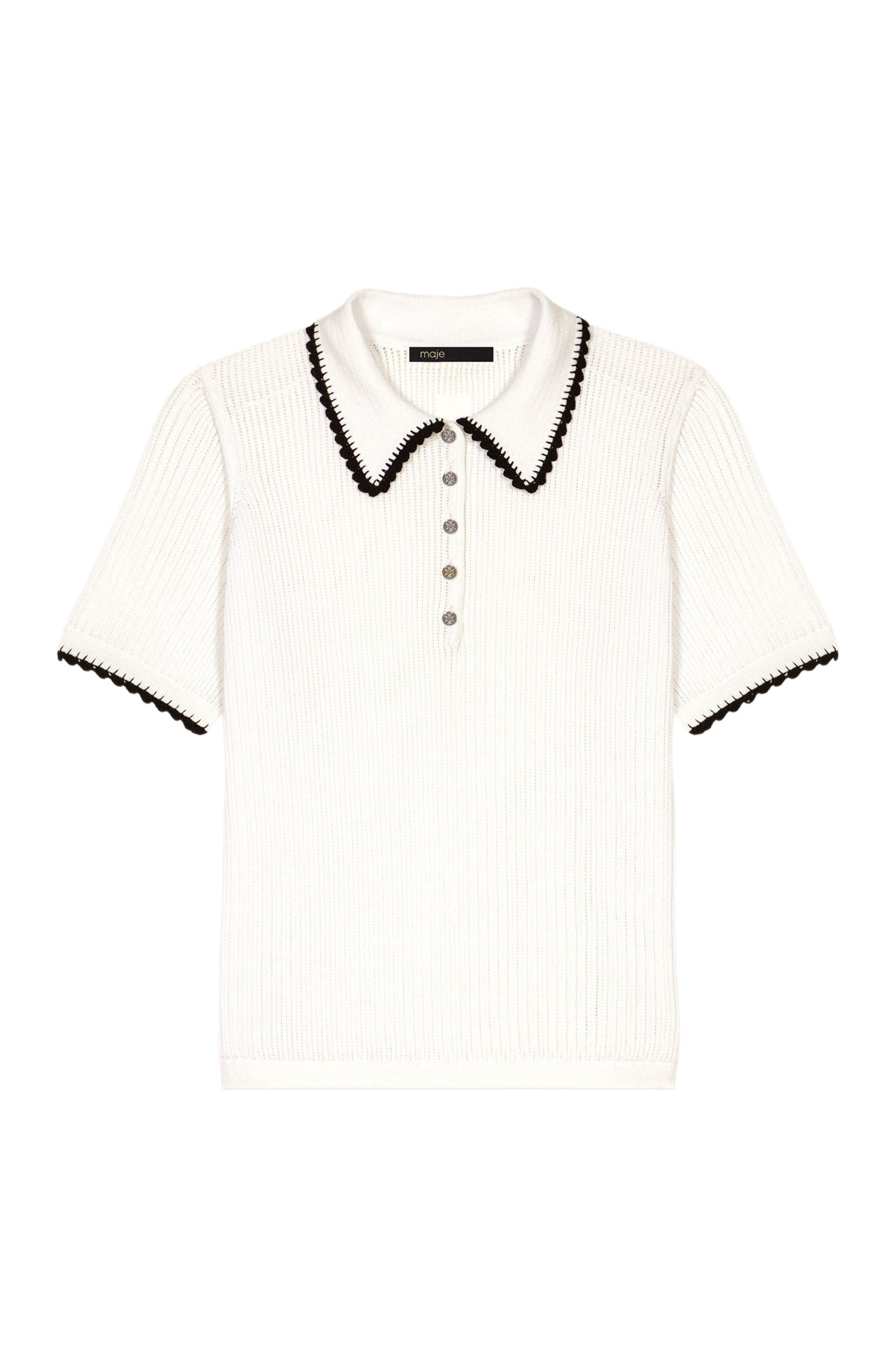 maje Pointelle knit crochet polo shirt in White /Black at Nordstrom - 1