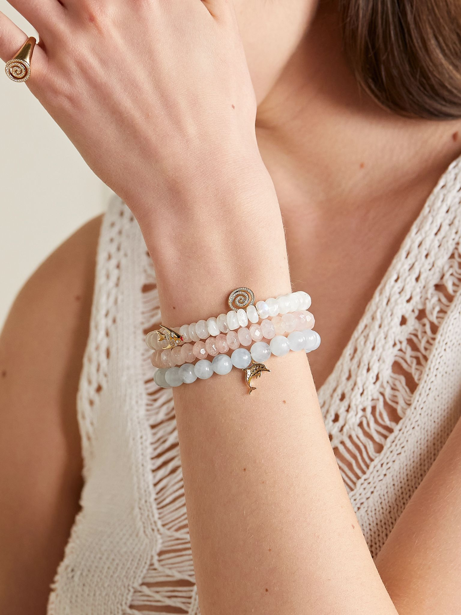 Small Spiral 14-karat gold, moonstone and diamond bracelet White - 5