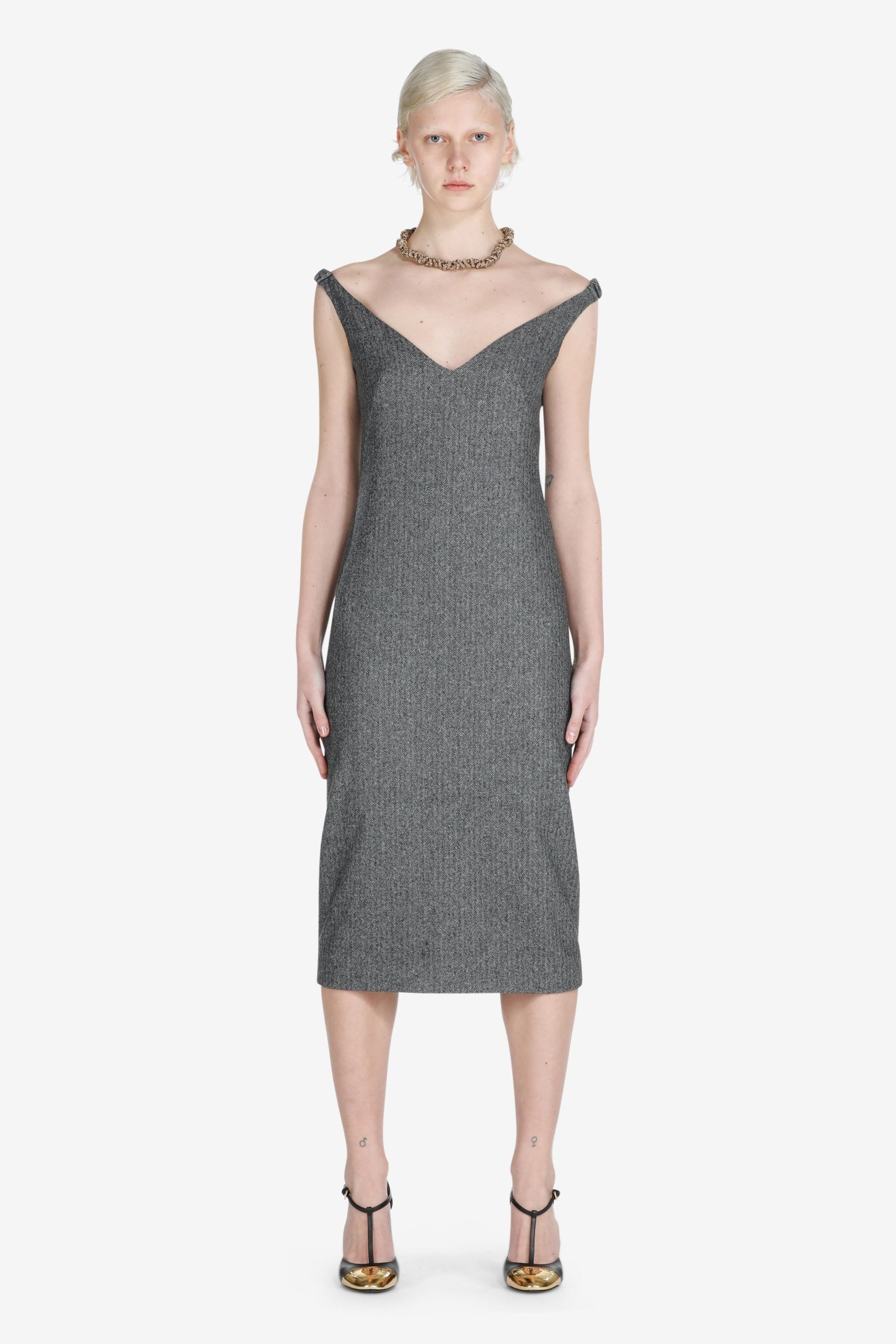 HERRINGBONE OFF-THE-SHOULDER DRESS - 1