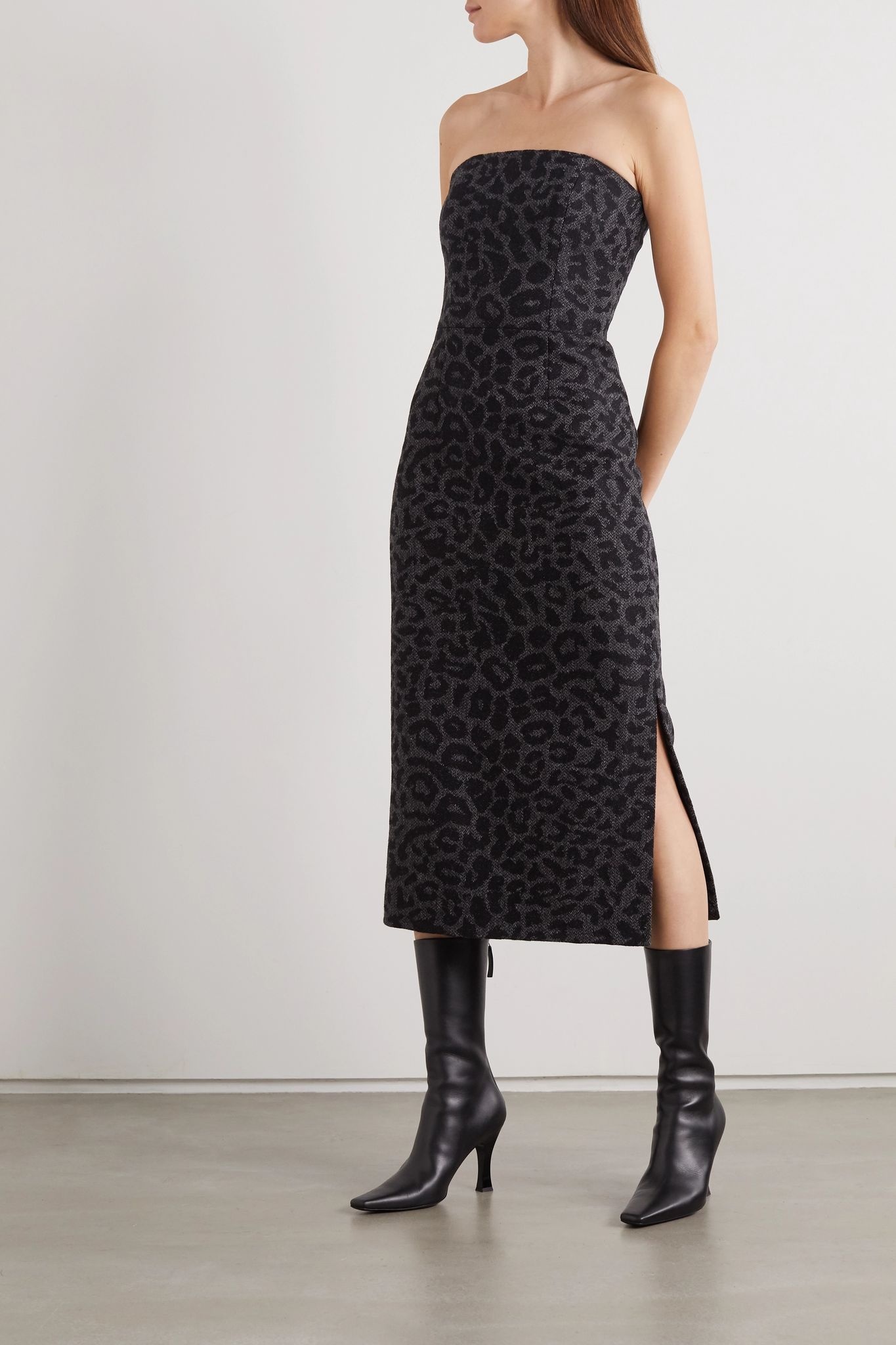 Strapless leopard-jacquard wool midi dress - 3