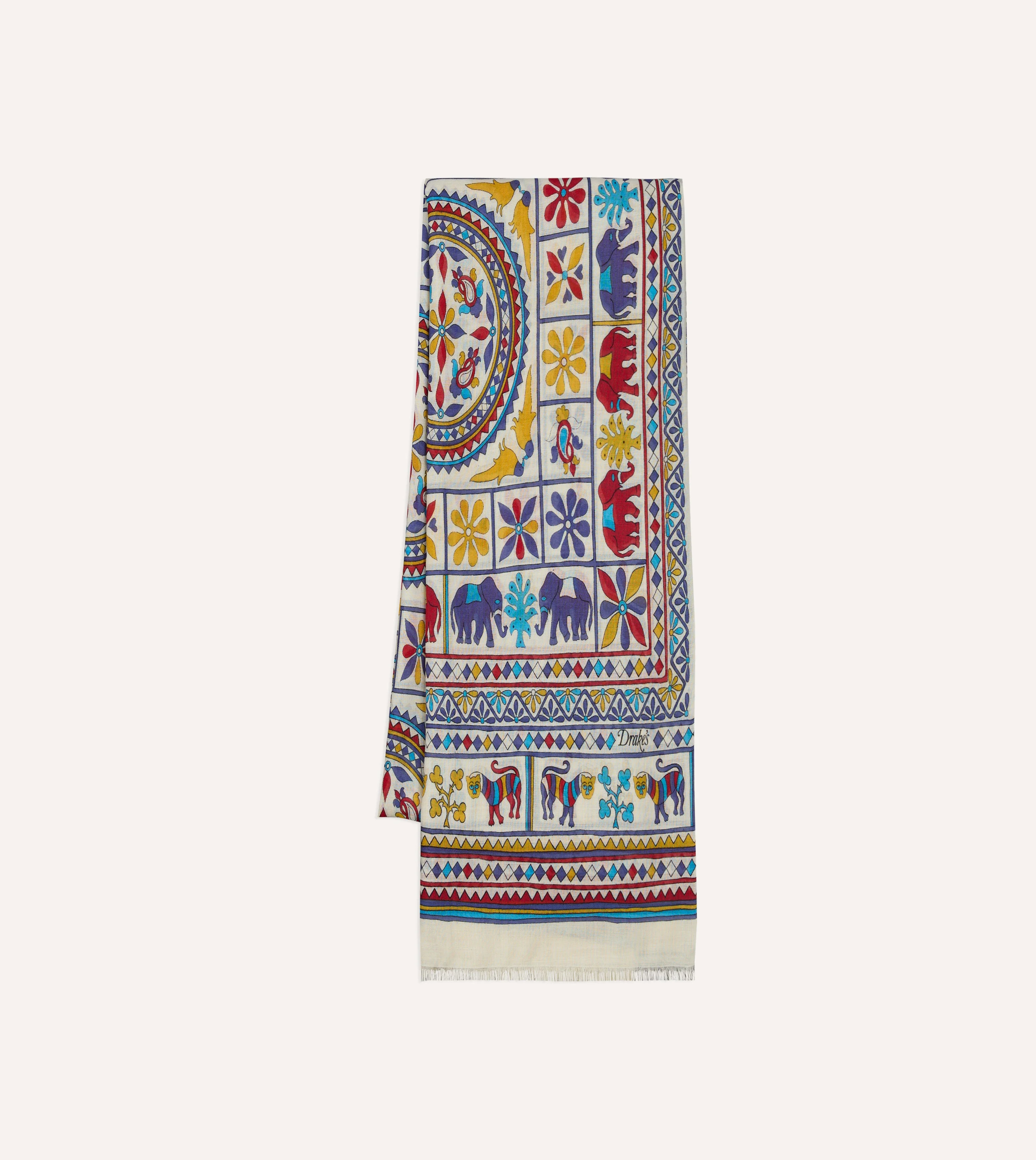 Ecru Elephants and Flowers Print Wool-Silk Scarf - 1