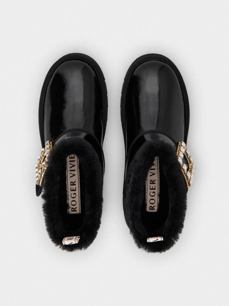Viv' Winter Fur Strass Buckle Ankle Boots in Patent Leather 4