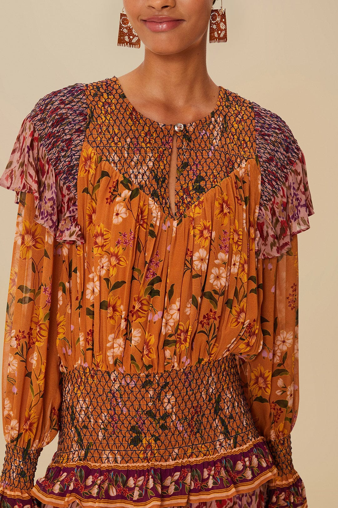 Colorful Birds Camel Smocking Long Sleeve Maxi Dress - 6
