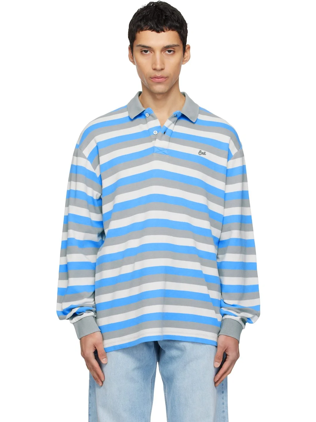 Gray & Blue Striped Long Sleeve Polo - 1