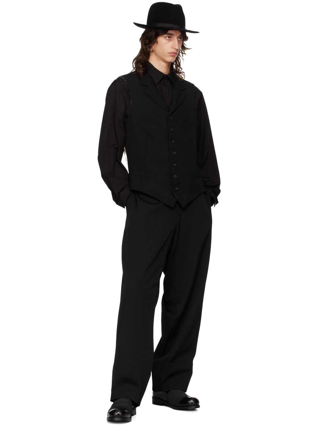 Black Notched Lapel Gabardine Waistcoat - 4