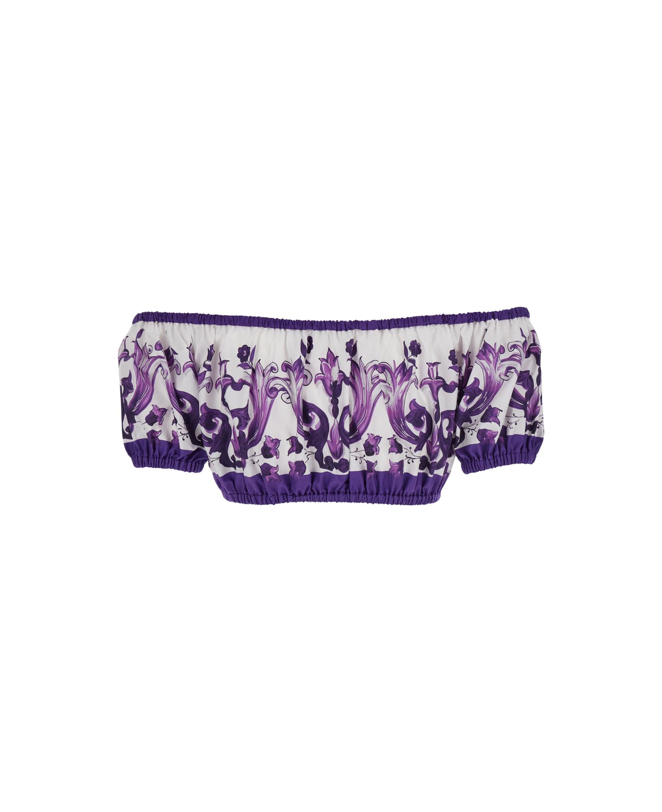 Violet Off-shoulder Cropped Top With All-over Floral Print In Cotton Woman - 2