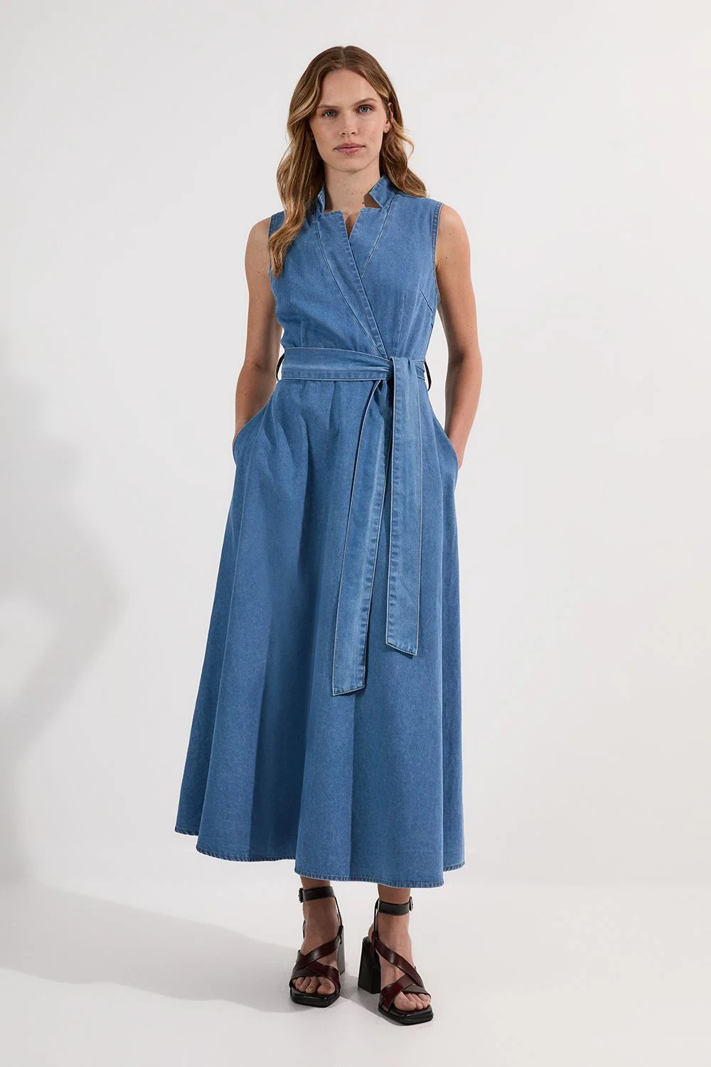 Denim Tailored Notch Neck Belted Fluid Midi Dress - 1