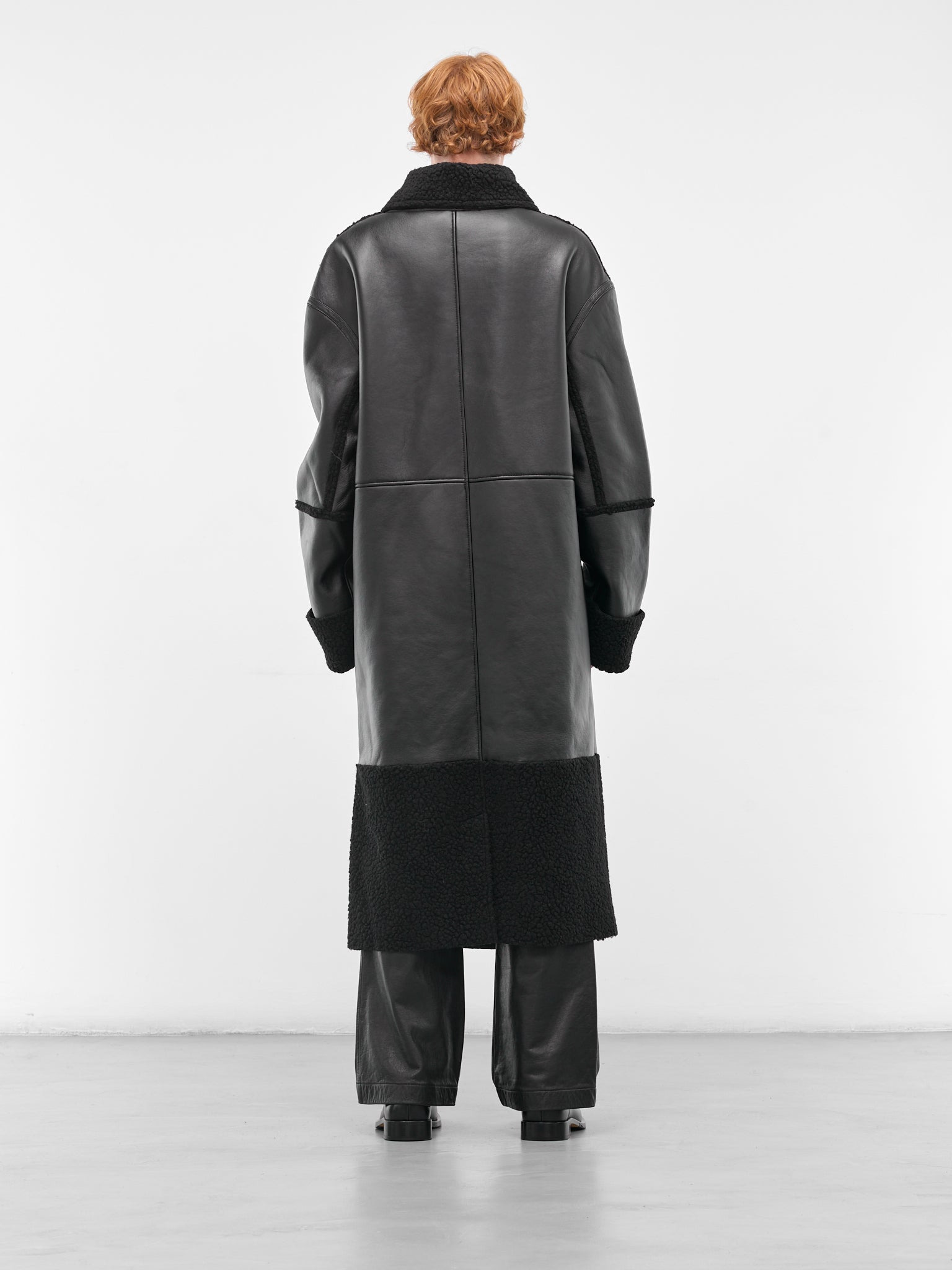Black Leather Shearling Long Coat - 3