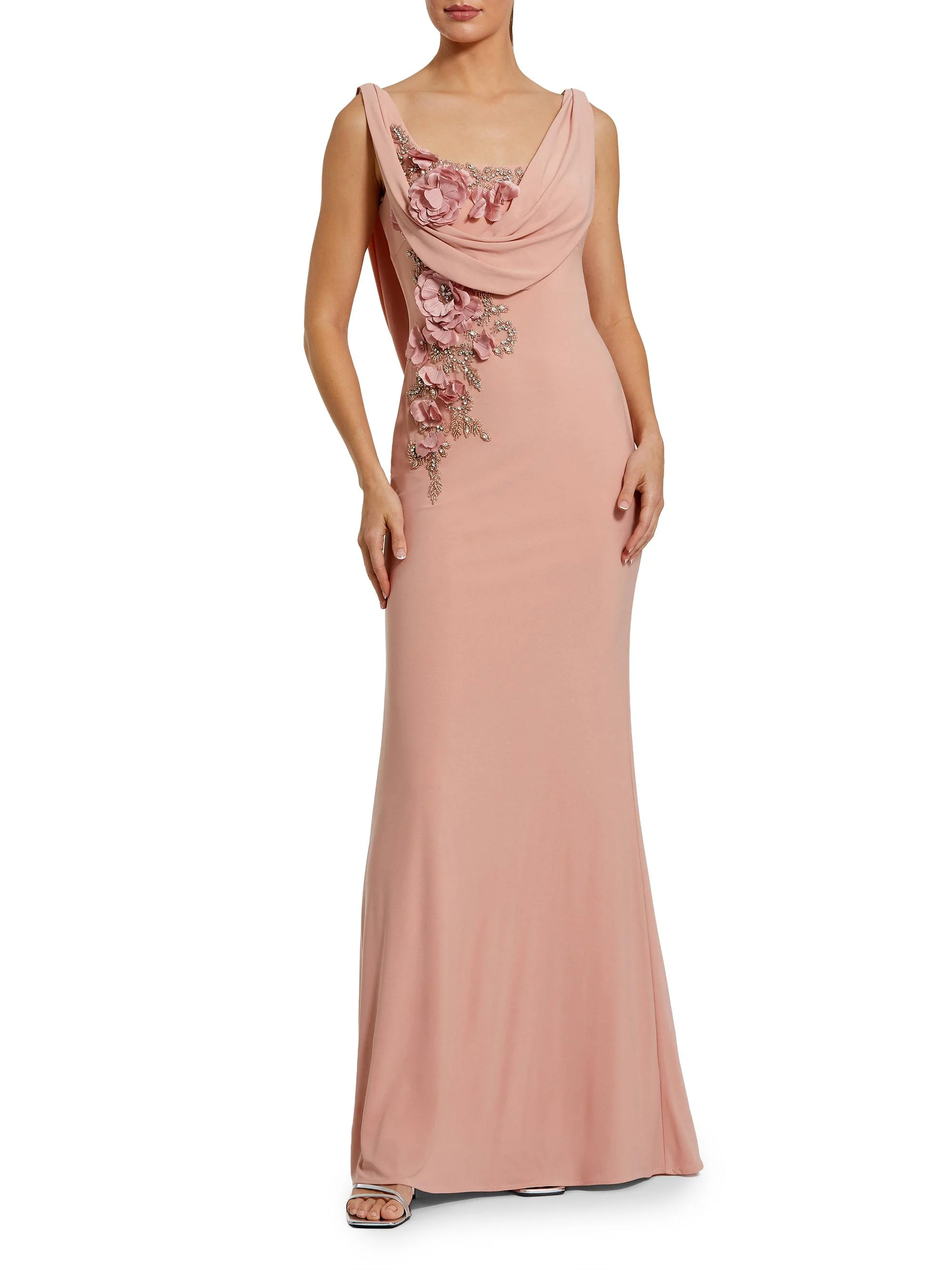 Women's Evening Beaded Jersey Sleeveless Gown - Peach - 1