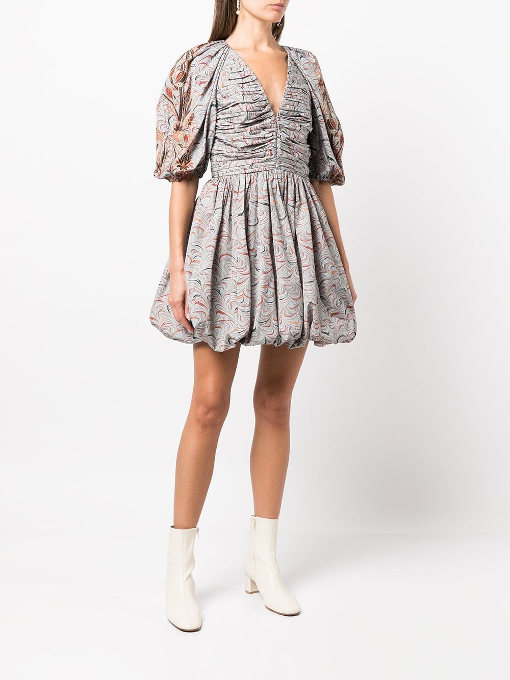 marbled puff-sleeve ruched dress - 3