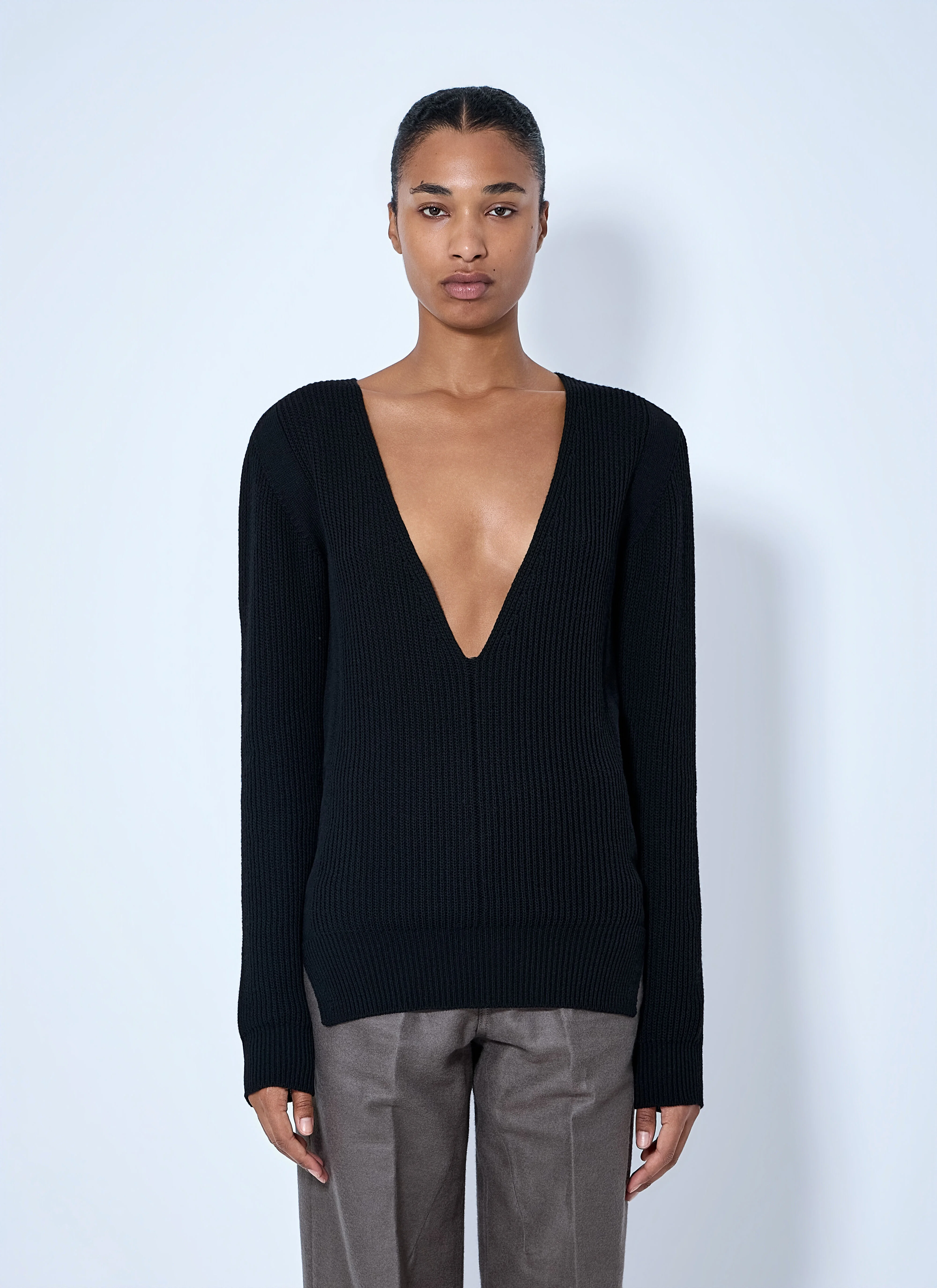 Deep V-Neck Ribbed Sweater - 1