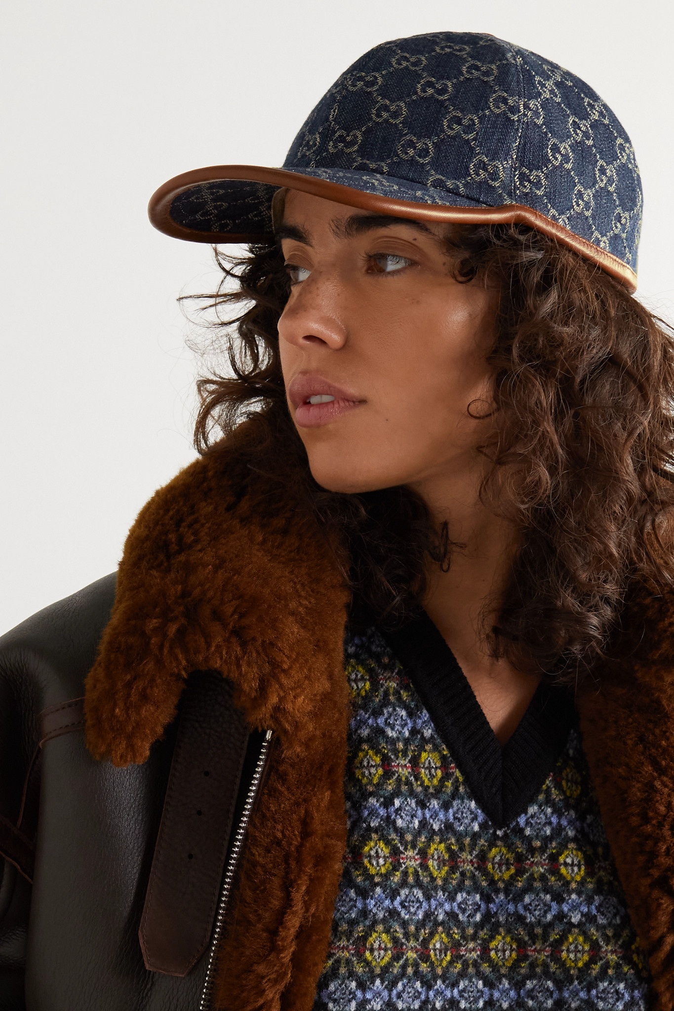 Leather-trimmed denim-jacquard baseball cap - 2