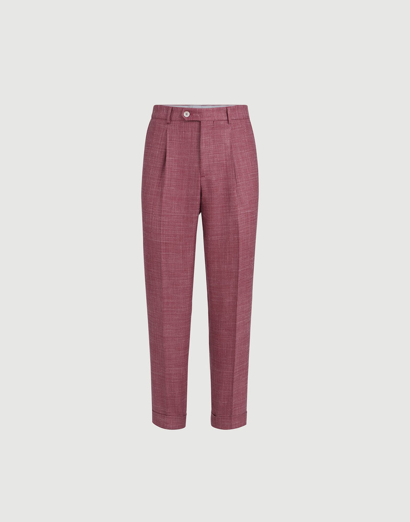 Slubbed virgin wool, silk and linen hopsack trousers with pleat 1