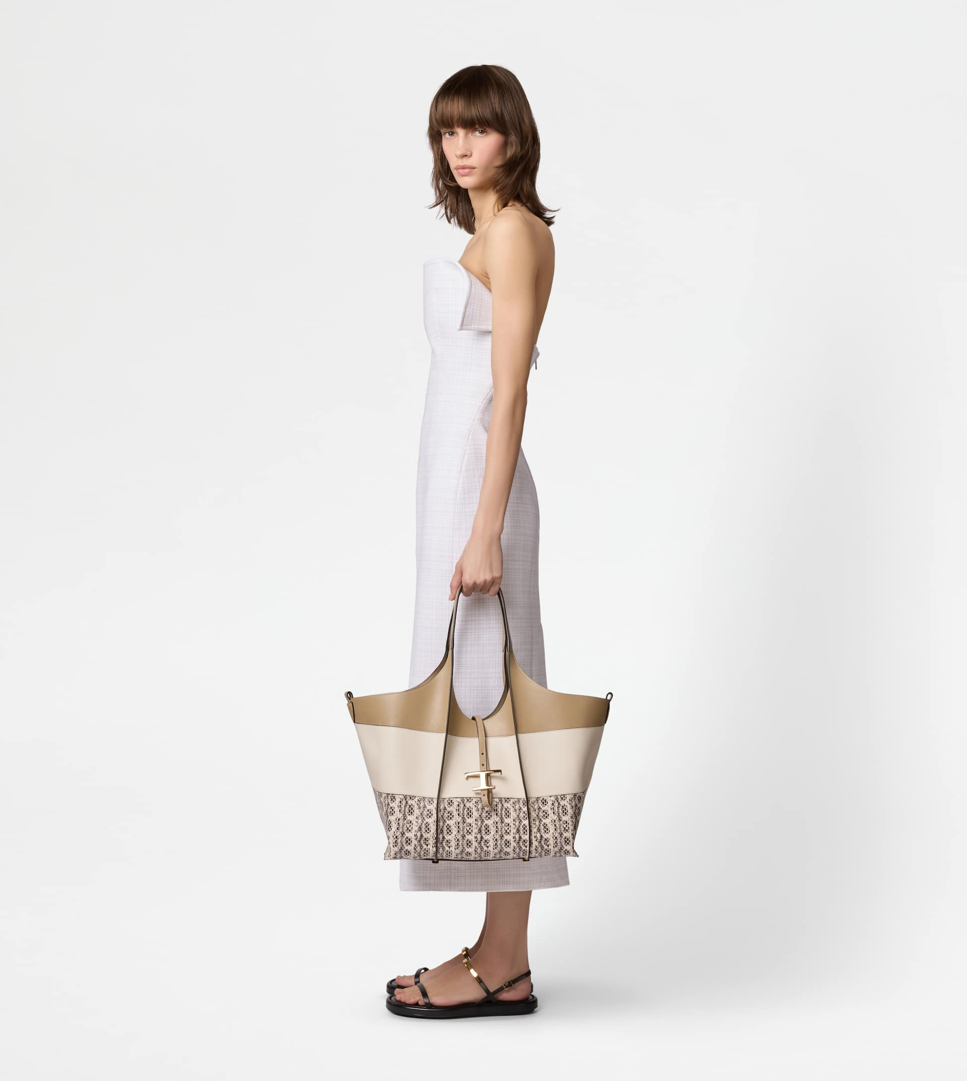 T TIMELESS SHOPPING BAG IN RAFFIA AND LEATHER MEDIUM - BEIGE, WHITE, BROWN - 8