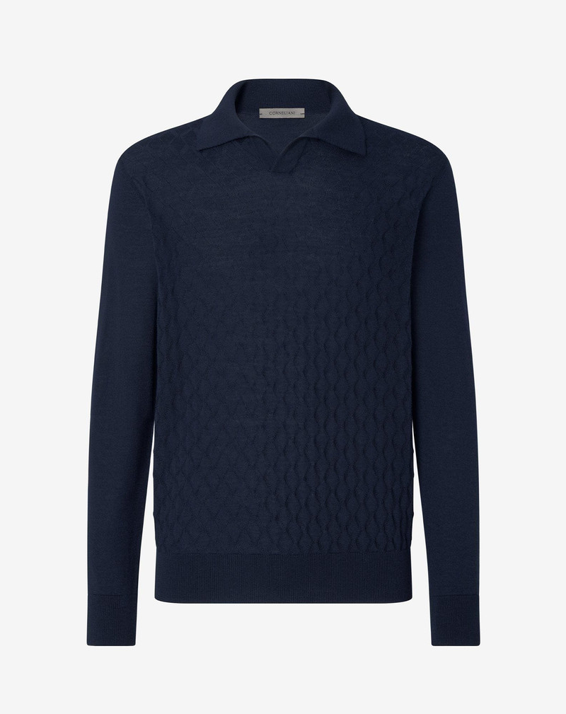 Blue buttonless extra fine wool polo shirt 1