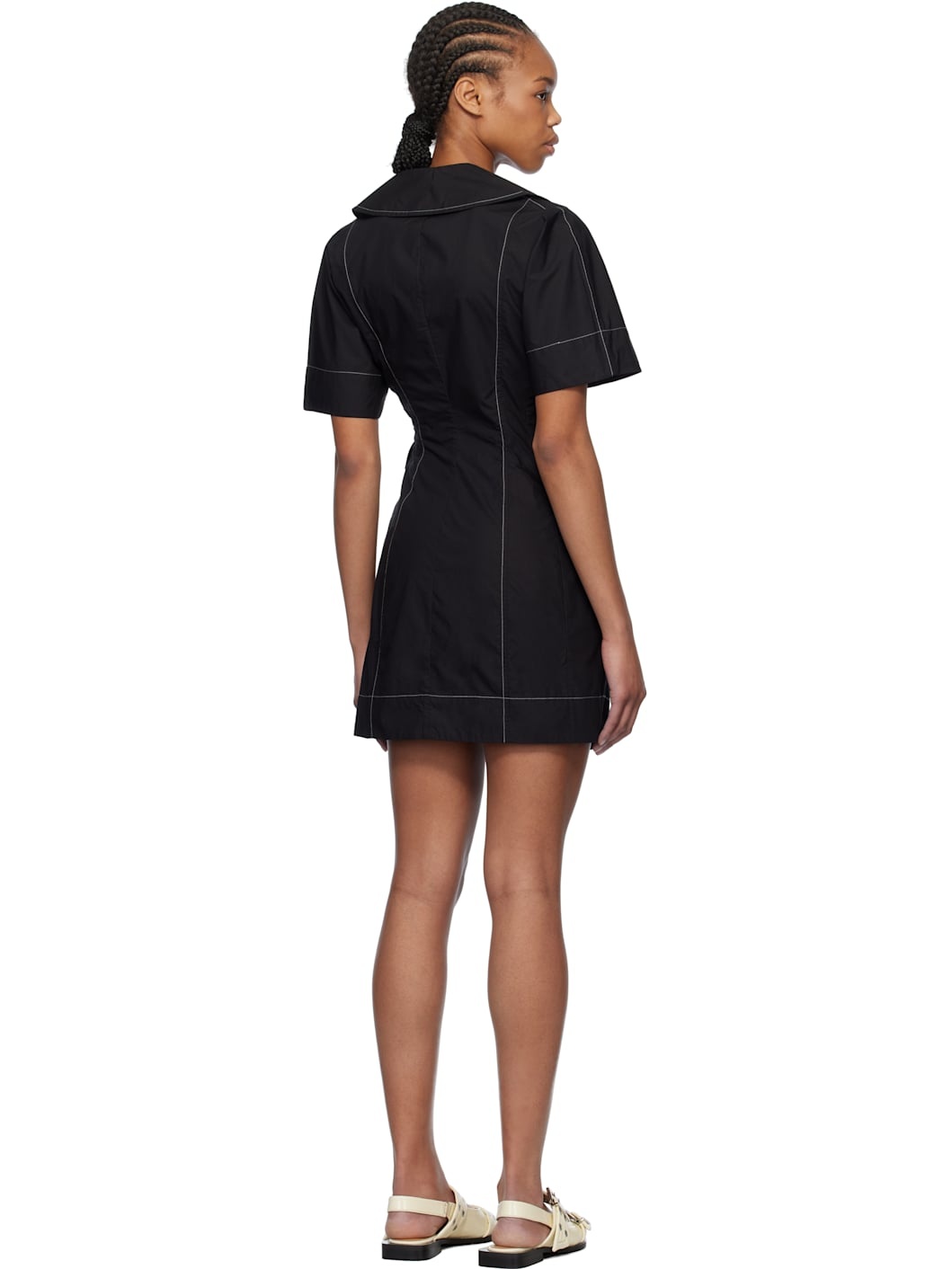 Black Cotton Poplin Wrap Minidress - 3