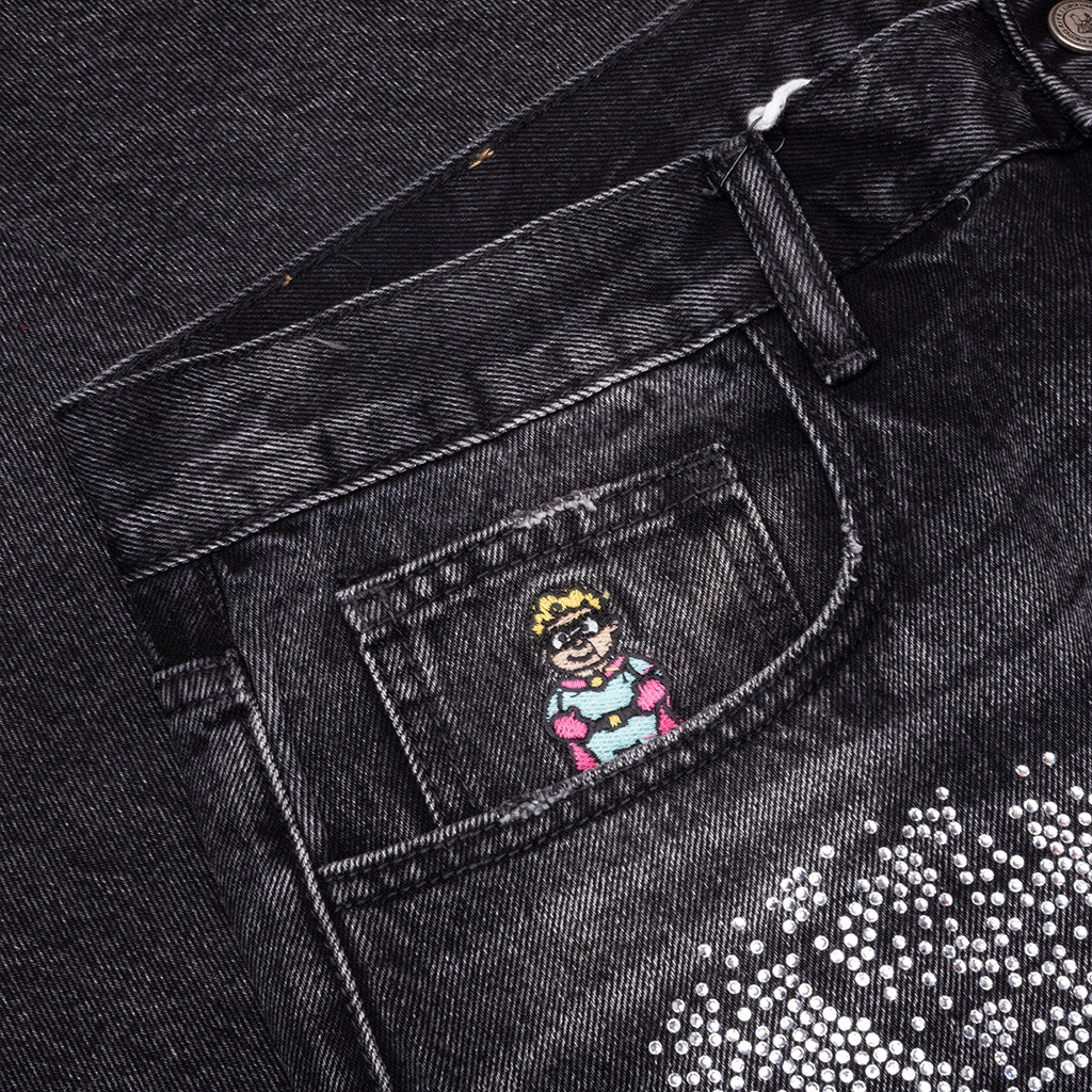 RHINESTONE FACE JEANS - BLACK - 3