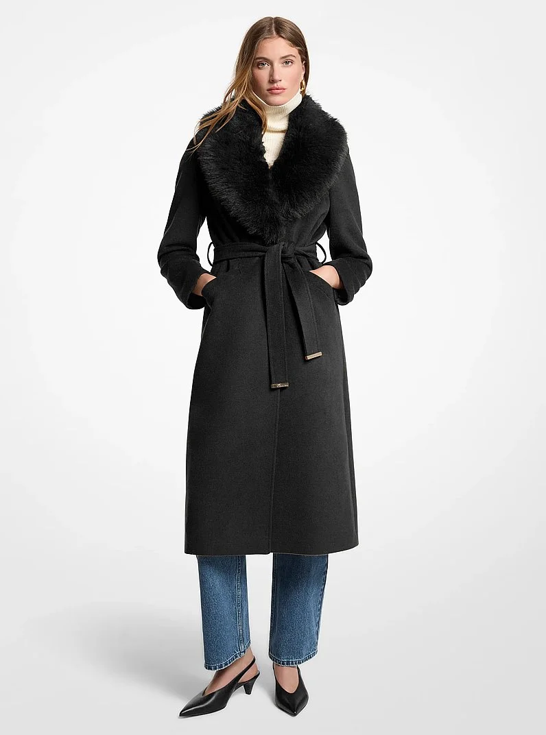 Faux Fur Trim Wool Blend Coat - 1