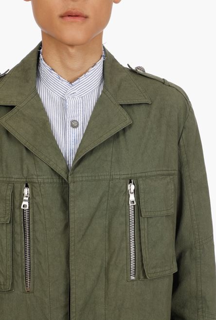 Khaki cotton jacket with embossed Balmain logo - 9