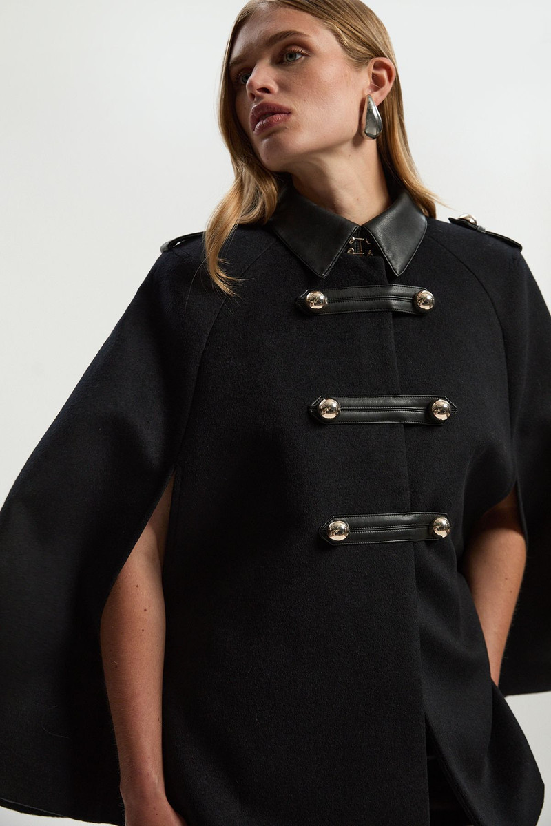 Brushed Wool PU Mix Tailored Cape Short Coat 1