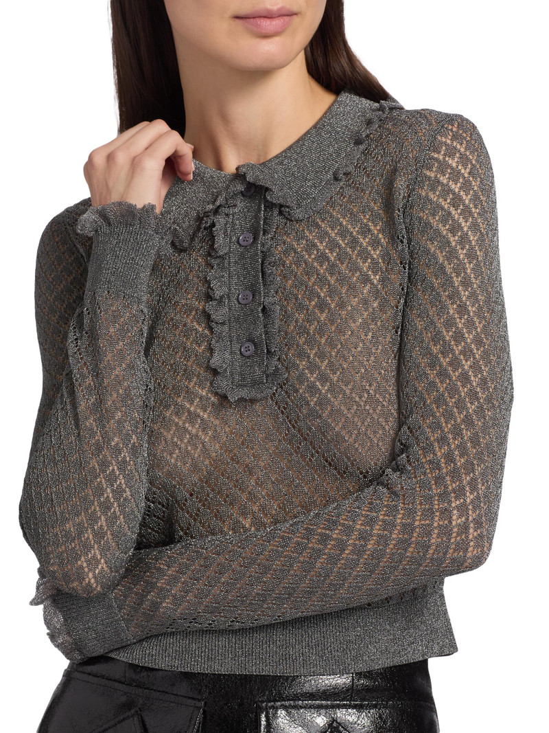 Women's Klara Ruffle Pointelle-Knit Polo Shirt - Gunmetal 6