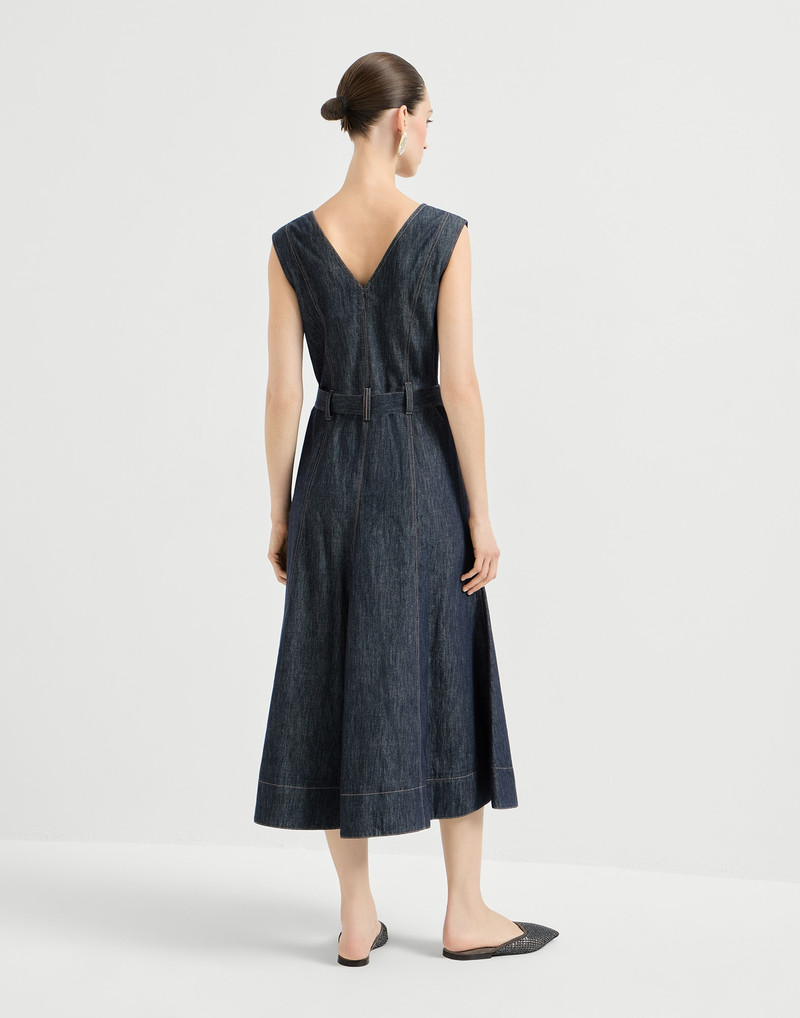 Cotton denim-effect twill flared dress with belt and monili 3