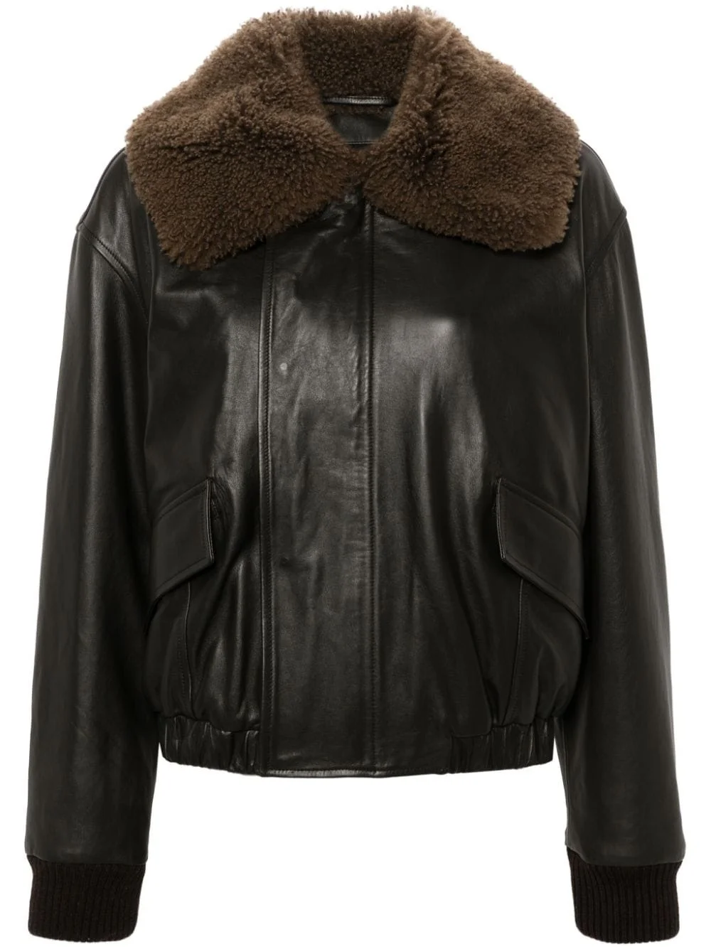 shearling collar leather jacket - 1